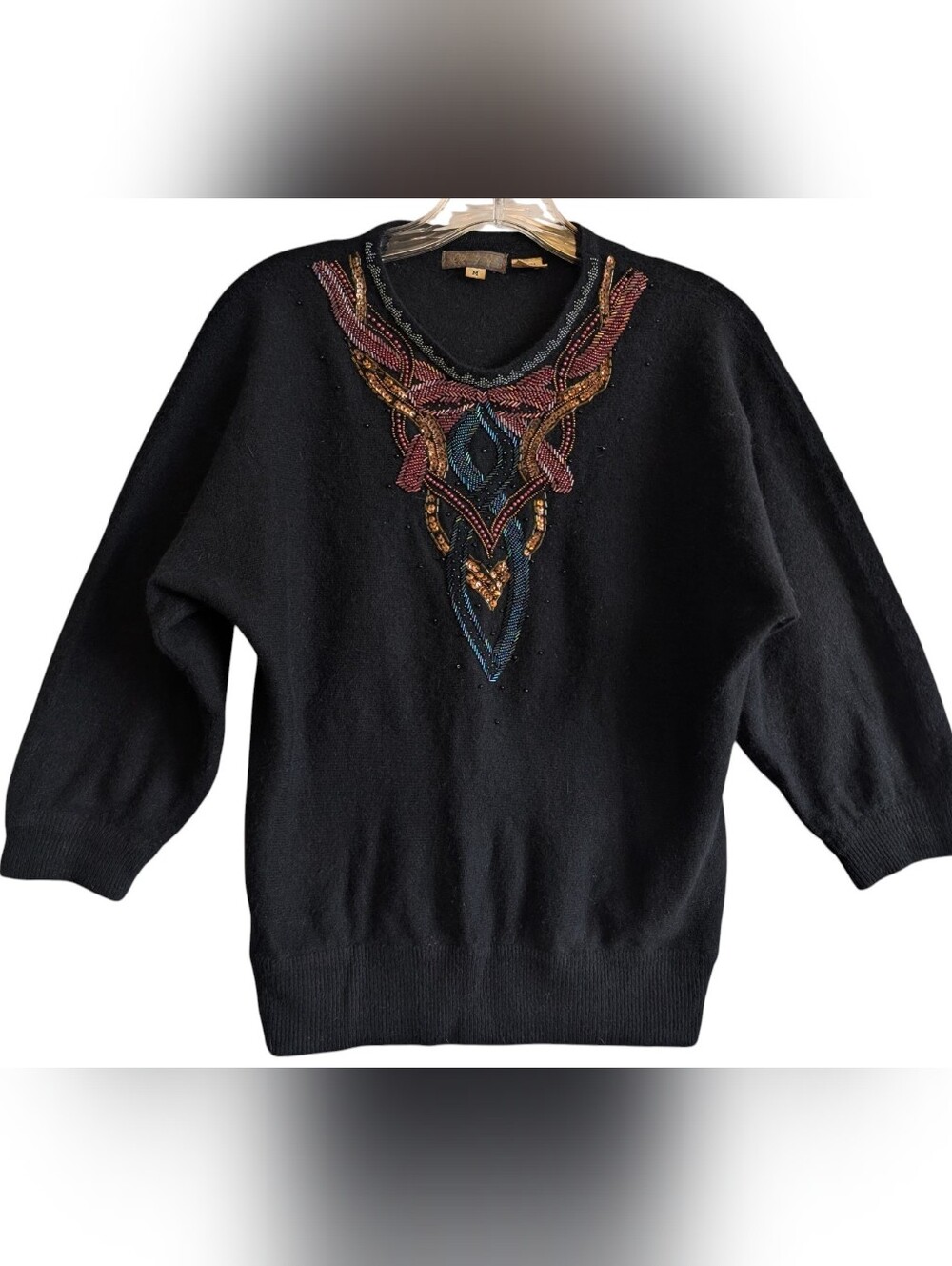 Vtg Epitome Black Beaded Sweater Angora Lambs Wool Blend Retro Classic Sz Medium